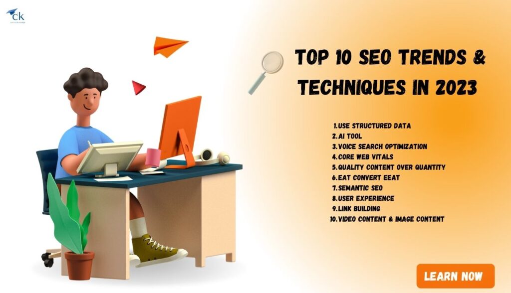top 10 seo trends & techniques in 2023 - latest SEO trends in Hindi- Use structure data, AI tool, Voice search optimization, Core web vitals, Quality content over quantity, EAT convert EEAT, Semantic SEO, User experience, Link building, Video Content & image content.
